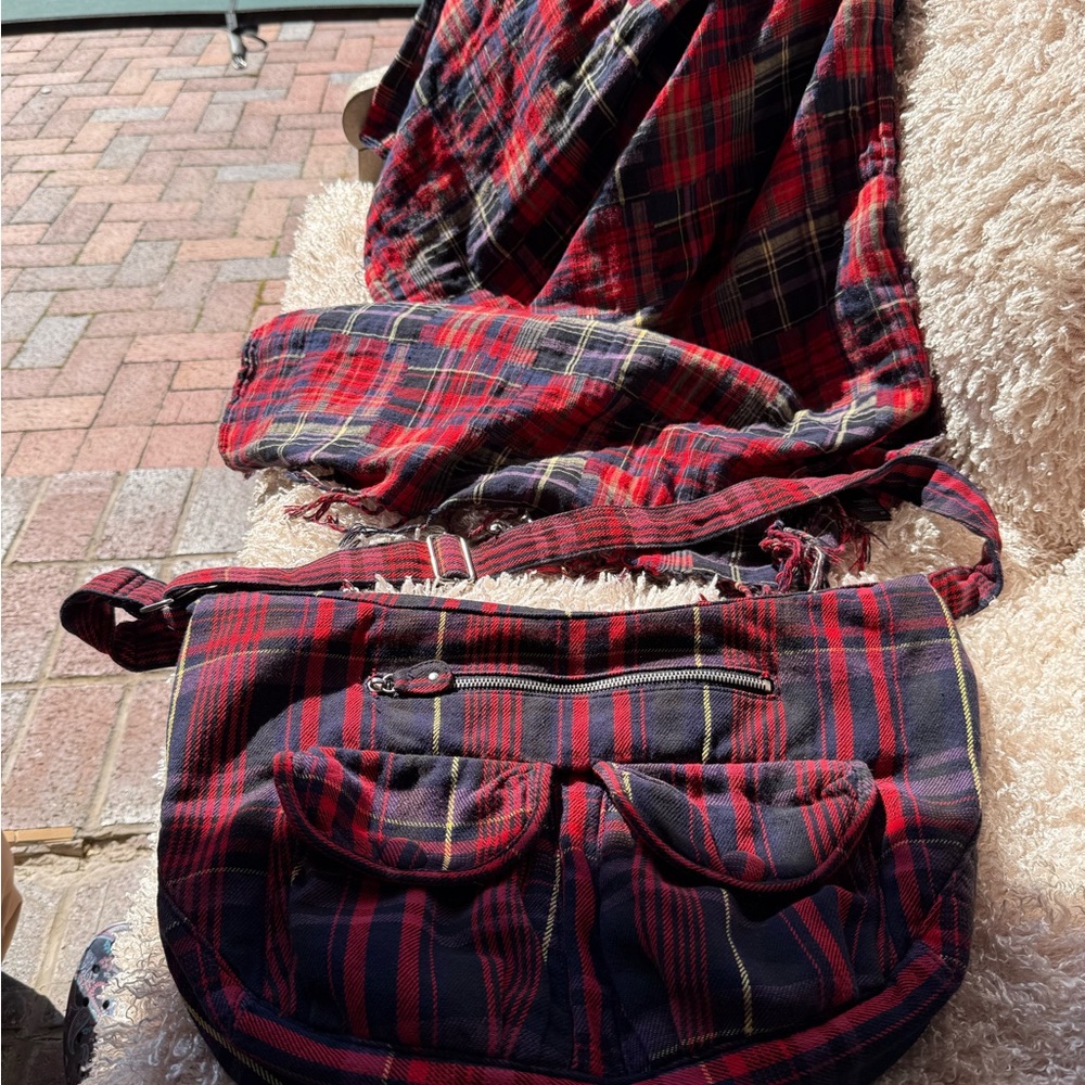 Plaid Red and Black Shoulder Bag and Scarf